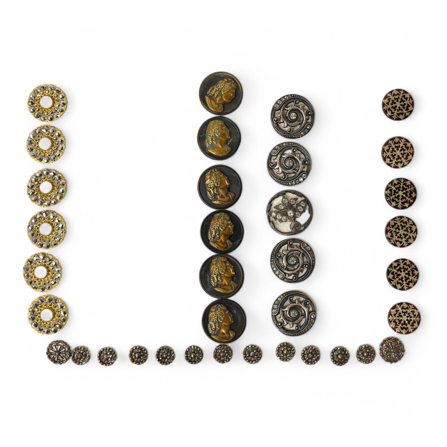 Five assorted sets of late 19th / early 20th century buttons;, Condition - the small cut steel buttons are tarnished